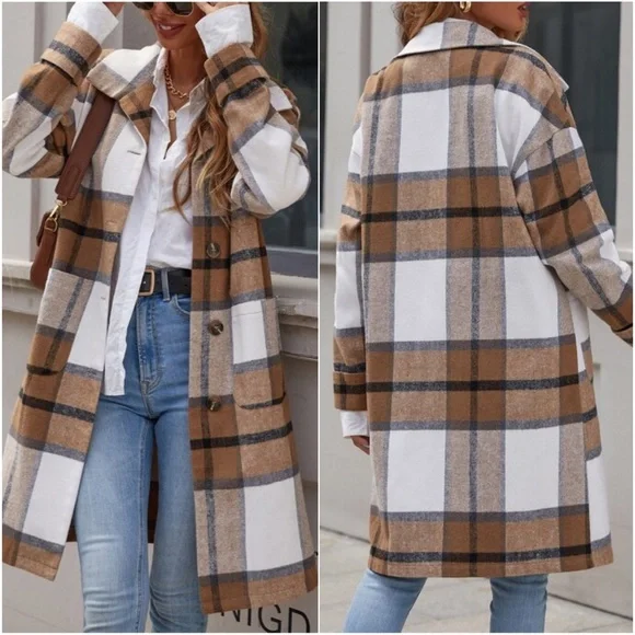 Cozy Camel Tan Plaid Button up Long Jacket Shacket - Picture 2 of 3